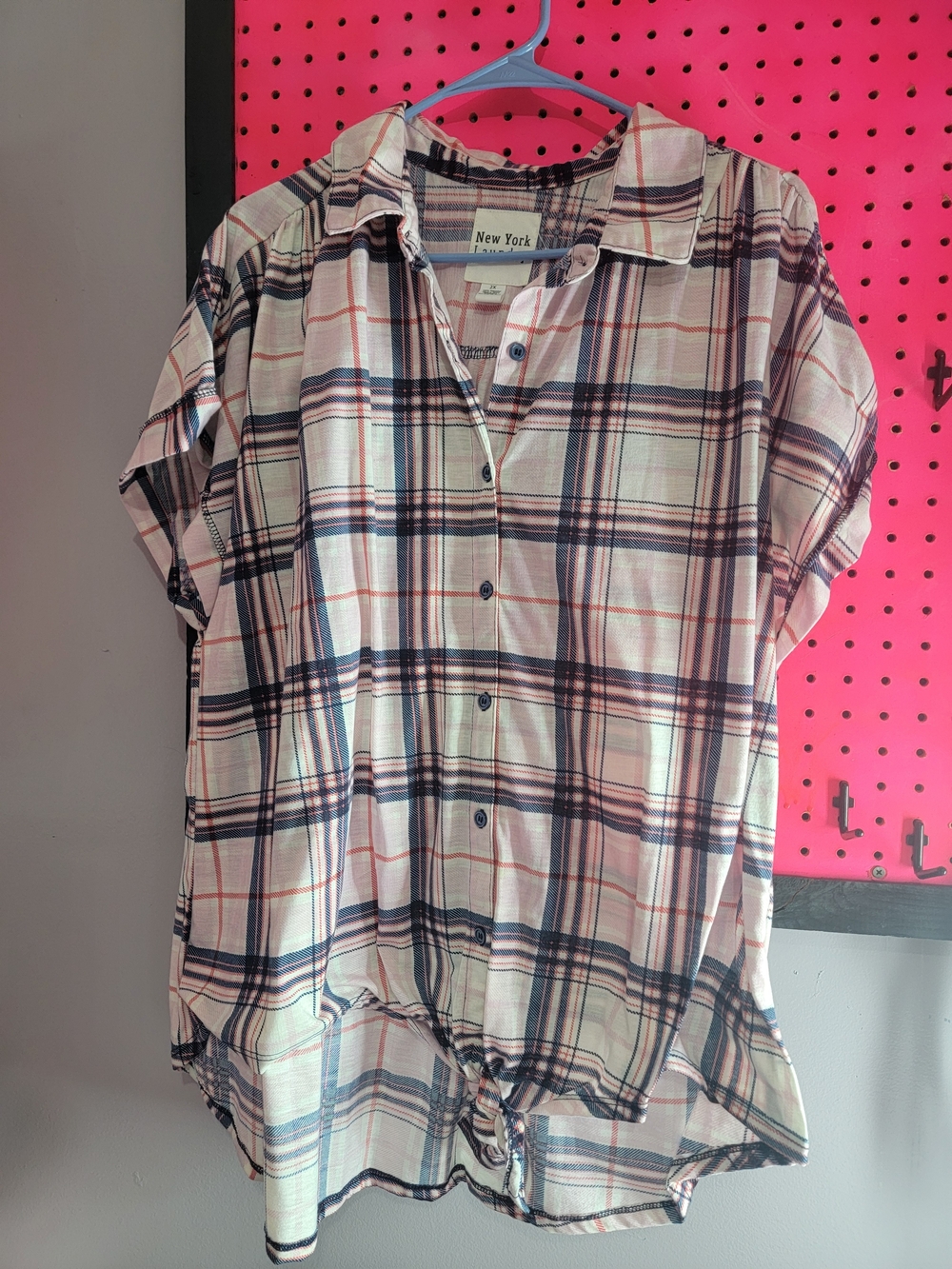 New York Laundry Plaid Button-Down Top in Cream, Navy, Pink